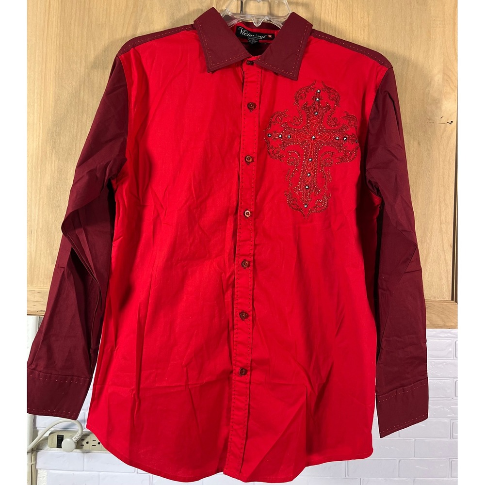 Victorious Button Down Shirt Mens Large Red Cross Rhinestone Y2K